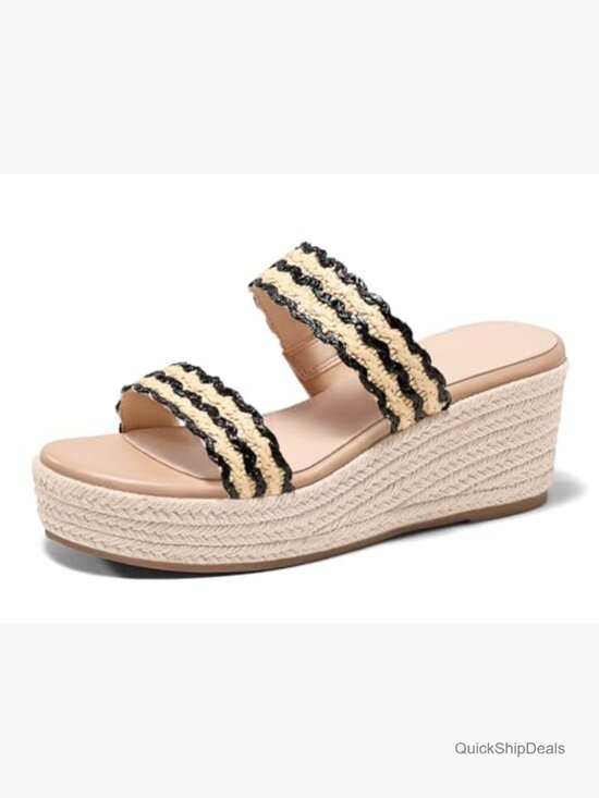 Platform Wedge Sandals Raffia Open Toe Slides Beach Vacation Shoes - Picture 5 of 7